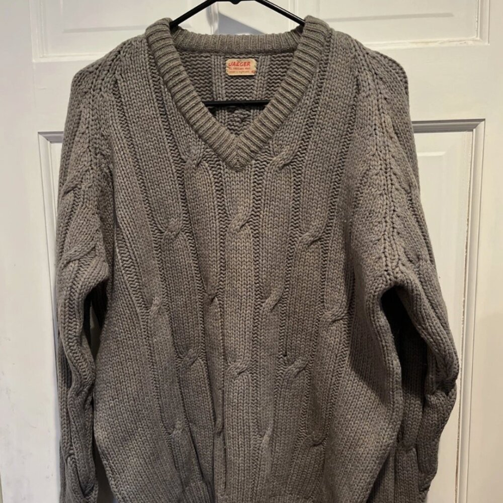 Vintage 70s/80sJaeger Sweater Mens 40 Blue Green Shetland Wool Cable Knit M/L